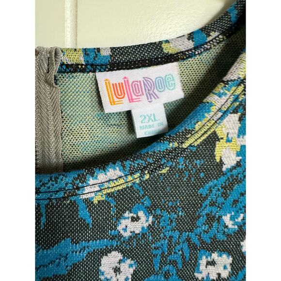 LuLaRoe Womens Dress 2XL Amelia Teal Floral Box Pleat Gray Blue Flowers POCKETS! - Picture 5 of 6